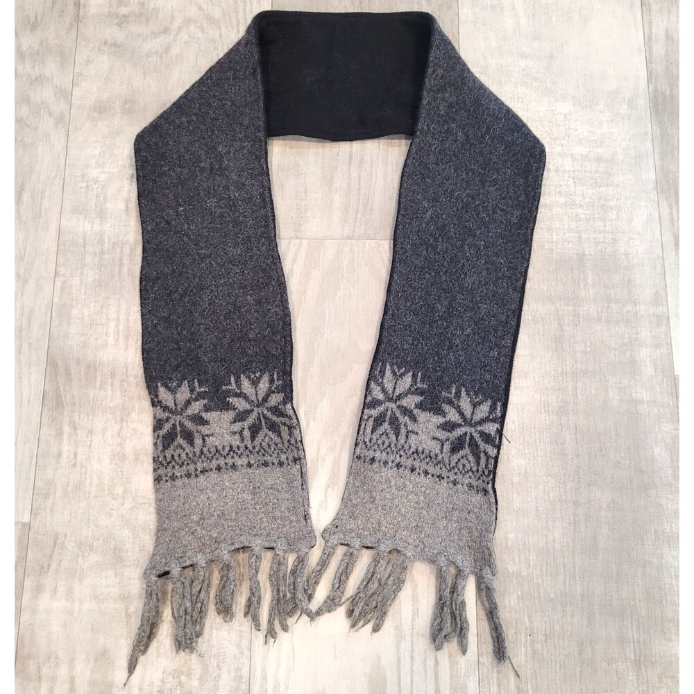 Woolrich Angora Wool Blend Winter Scarf 58 X 6 Gray Black Fringe Snowflake Ski